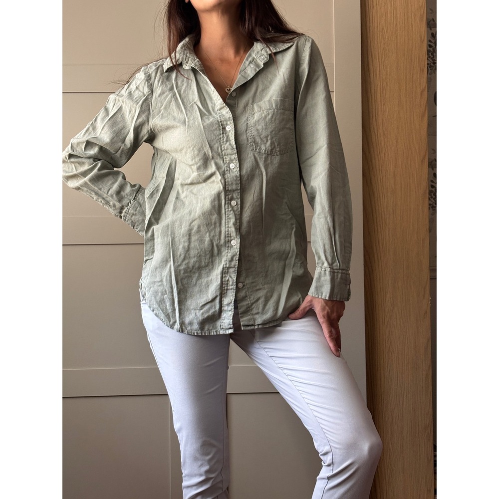 HM Sage Green Linen Blend Button Down Shirt XS Long Sleeve Pocket Top